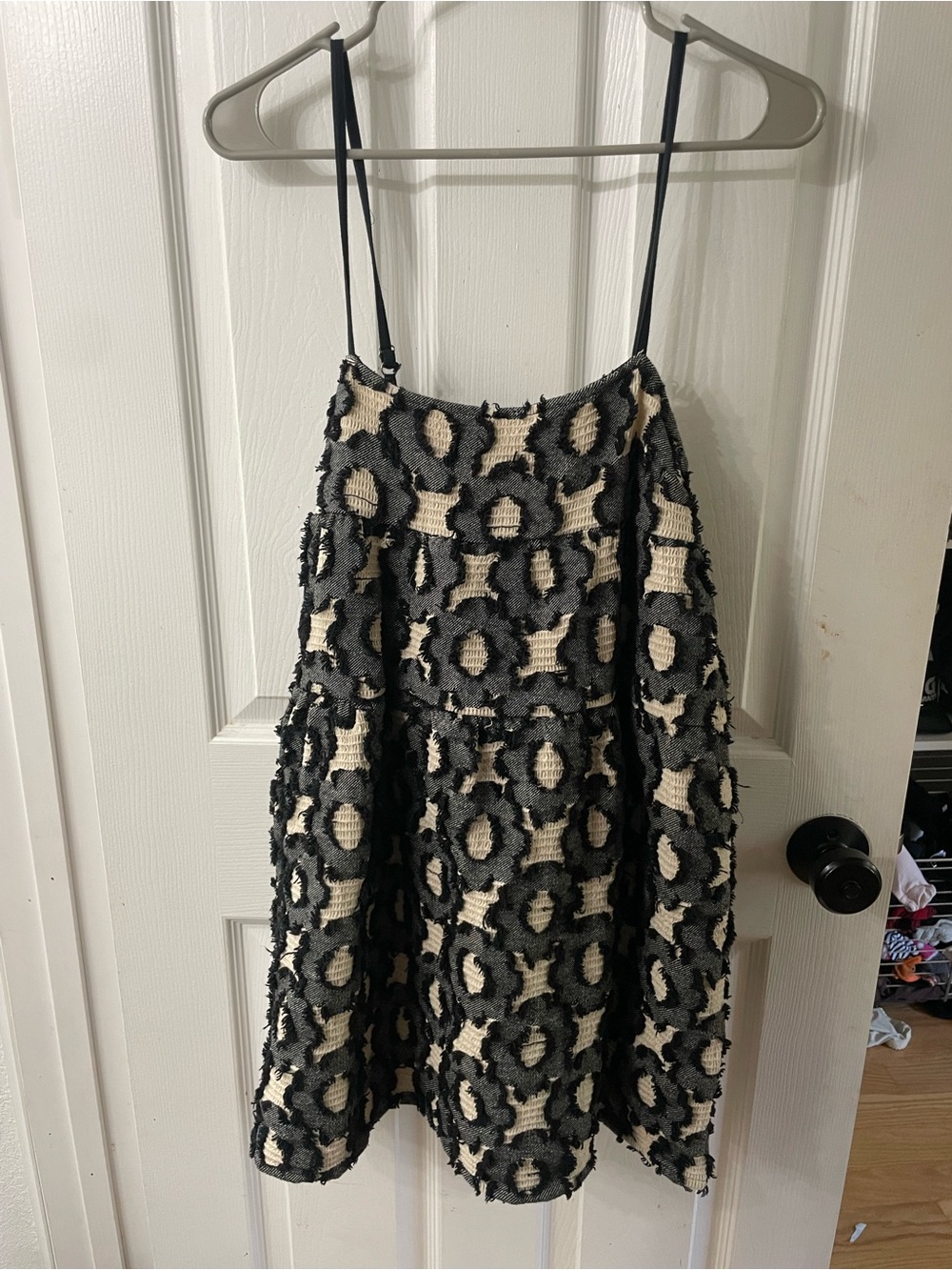 Kimchi Blue Black and Cream Textured A-Line Spaghetti Strap Dress